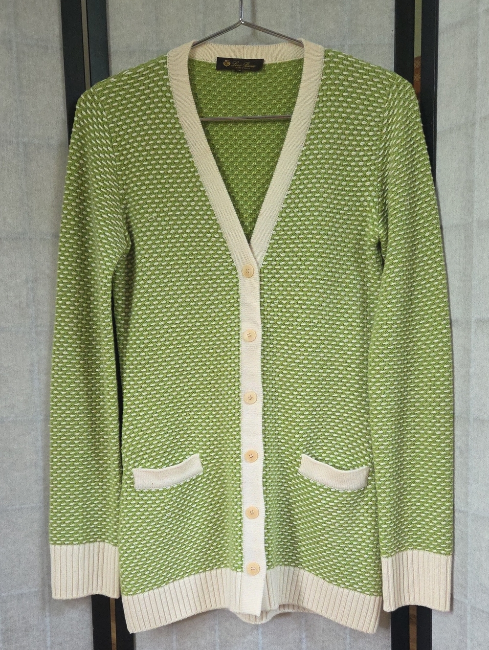Loro Piana 80% Cashmere 20% Silk Honeycomb Knit Cardigan Sweater Green Cream